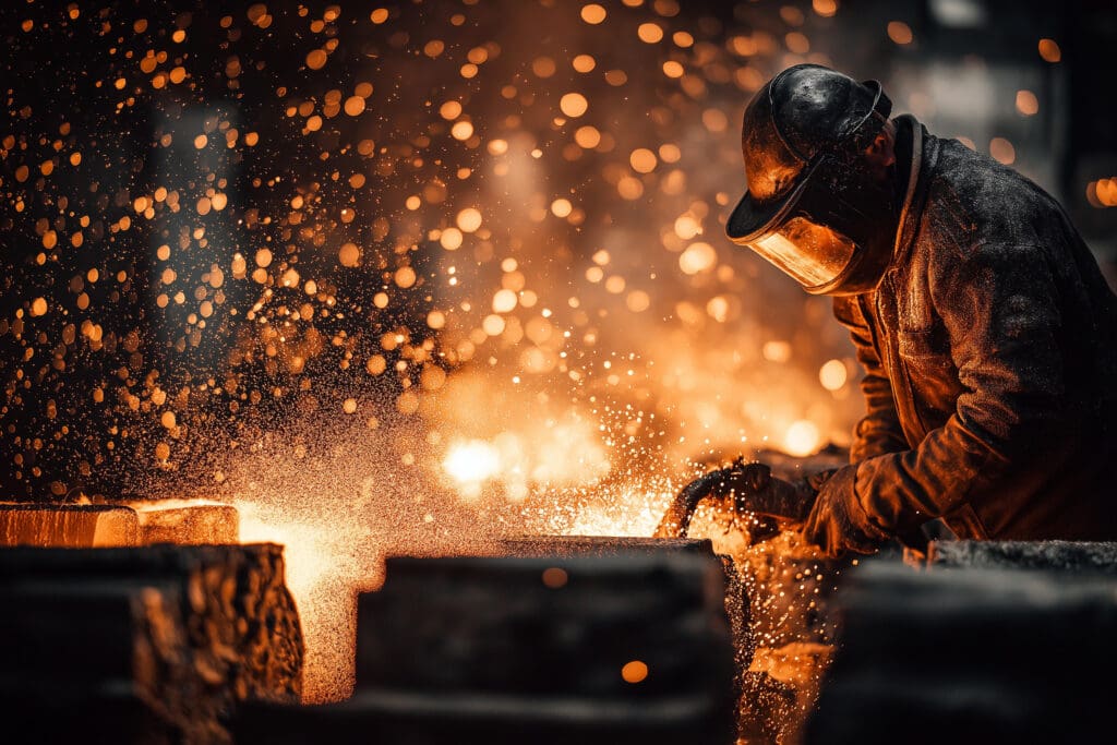 A helmeted foundry worker manipulates molten metal, sending bright orange sparks and glowing droplets scattering through a dim, smoke-filled industrial workshop.